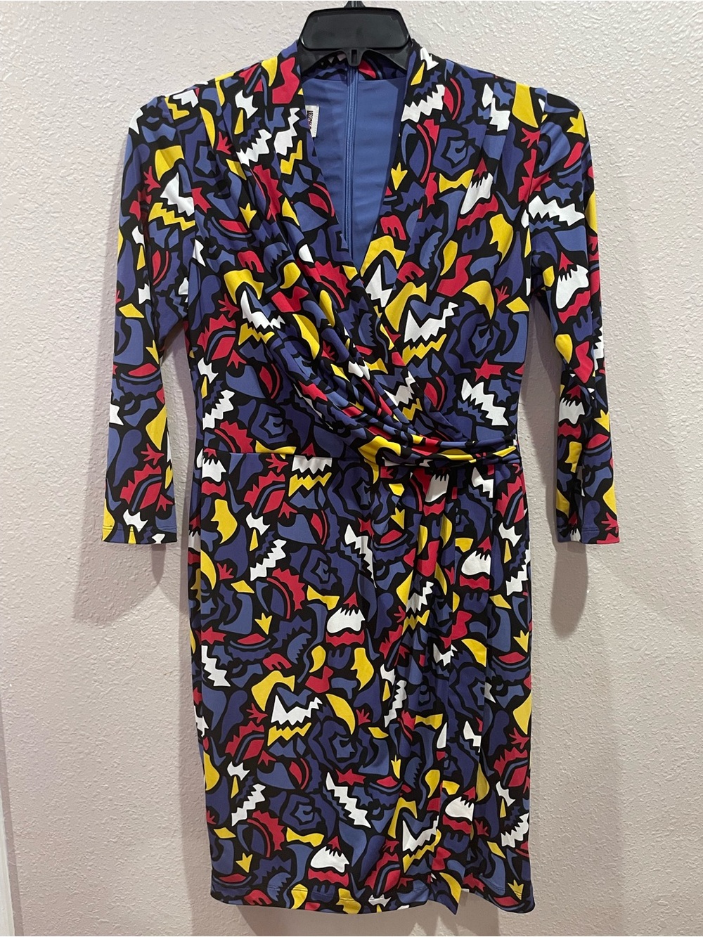 Bold Abstract Print Wrap Dress in Blue, Red, Yellow, White